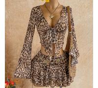Set da due pezzi stile American Hot Girl con stampa leopardata, rete trasparente, scollo a V, vita stringata, arricciature multistrato e maniche a campana L,M,S,XSLeopardoTessuto in maglia