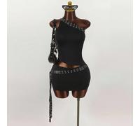 Set da due pezzi Y2K Amplova da donna per Oktoberfest, top in pelle PU con patchwork asimmetrico e minigonna sexy con spalline e vita ultra bassa, completo nero da club in stile Y2K L,M,S,XS,XXSColore