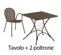 Set da Esterno Tavolo Pigalle 76x76cm più 2 Poltrone Ronda Marrone Emu