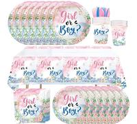 Set da Festa per Gender Party Reveal 'Girl or Boy?', Piatti, Bicchieri, Tovaglioli, Tovaglia, Posate Decorazione Floreale Rosa e Blu. 172 pezzi