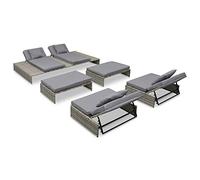 Set da giardino con cuscini in polyrattan grigio, con 1 lettino doppio, 2 divani, 2 ottomani, per interni ed esterni, balcone, piscina