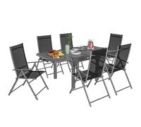 Set da Giardino con Tavolo da Pranzo Allungabile e 6 Sedie Pieghevoli in Acciaio Alluminio e Rete Grigio e Nero