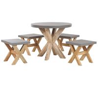 Set da Giardino con Tavolo Rotondo e 4 Sgabelli in Cemento Grigio e Base in Legn
