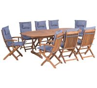 Set da giardino di un tavolo e 8 sedie con cuscini azzurri Maui