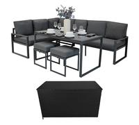 Set da Giardino in Alluminio Grigio Antracite con Cassapanca in Rattan Nera - Divano Angolare 7 Posti Tavolo da Pranzo 2 Sgabelli Cuscini Baule 582L con Coperchio a Gas Copertura Impermeabile e Borsa
