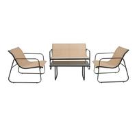Set da Giardino in Metallo, Divano 2 Posti con 2 Poltrone e Tavolino, Struttura Nera con Textilene Beige, Piano in Vetro Temperato, per Esterni