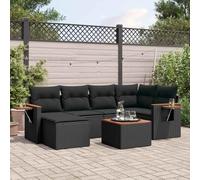 Set da giardino modulare in rattan PE da 7 pezzi, divano ad angolo nero con cuscini e tavolino in legno di acacia, tavolino pieghevole con alzata a gas, rimovibile e adatto