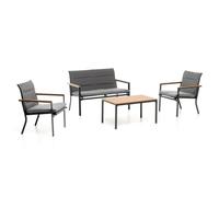 Set da Giardino Oregon, 4 Posti con Divano e Poltrone, Struttura in Metallo Antracite, Cuscini Grigi, Tavolino in Legno