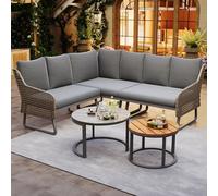 Set da giardino per 6 - 7 persone, set da pranzo da balcone con 2 tavoli, artigianato in rattan e struttura in acciaio cromato, gambe regolabili, cuscino da seduta/schienale incluso, tavolino da caffè