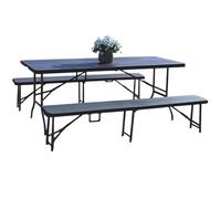 Set da Giardino Pieghevole RichiudibiliTavolo e 2 Panche Picnic Arredo Esterno effetto Legno con Struttura in Metallo