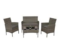 Set da giardino poly-rattan HWC-N98, salottino, metallo vetro stoffa/tessuto (180 g/m²) - grigio, cuscini grigio chiaro