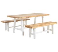 Set da Giardino Tavolo e 2 Panche in Legno Acacia Chiaro Gambe Bianche Scania