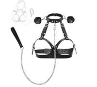 Set da gioco con collare e catena da tiro in pelle PU nera a doppio strato