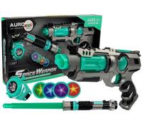 Set da gioco cosmico: pistola laser, spada luminosa e lanciador di dischi