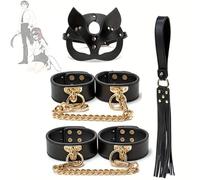 Set da gioco in pelle 4 pezzi, frusta, rivetti dorati, polsini a catena, maschera da volpe
