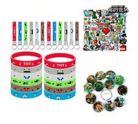 Set da gioco Minecraft, comprendente: 1 braccialetto in silicone, 1 portachiavi in silicone, 1 spilla e 50 adesivi a pixel 12 braccialetti,12 distintivi,12 portachiavi,50 adesivi,36 pezziLega di zinco