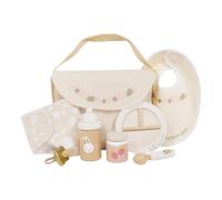 Le Toy Van - TV598 - Gioco educativo borsa maternità per bambole, giocattolo per bambine dai 2 anni, Montessori, 8 pezzi, in cotone naturale e legno massello FSC, accessori pappa e cambio inclusi