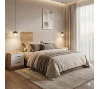 Set da letto: testiera matrimoniale + 2 comodini in melammina con 2 cassetti e maniglie nere in melammina con accessori, colore Mauvella-Beig (Messitas 43 x 39,6 x 33,5 cm | Testiera 45 x 160 cm