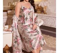 Set da notte con camicia e vestaglia in finta seta con stampa floreale, taglie comode, dettagli eleganti, abbigliamento autunno/inverno 0XL,1XL,2XL,3XL,4XLStampa CasualeRaso