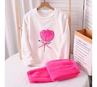 Set da notte da 2 pezzi per ragazze, composto da una blusa bianca in peluche con ricamo di tulipani viola e fiocco, e pantaloni in peluche fucsia minimalisti, adatto per la casa e il sonno 8Y,9Y,10Y,1