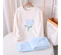 Set da notte da 2 pezzi per ragazze, composto da una maglietta bianca in peluche con ricamo di tulipani viola e fiocco, e pantaloni in peluche blu minimali, adatto per la casa e il sonno 8Y,9Y,10Y,11Y