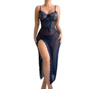 Set da notte da donna con scollo a V, con lacci sul davanti, tessuto a rete trasparente, spacco laterale, due pezzi tra cui camicia da notte e slip