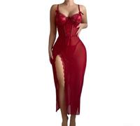 Set da notte da donna in due pezzi in rete velata con scollo a V, spalline sottili, dettaglio frontale con lacci e spacco, tra cui camicia da notte e slip abbinati (L rosso vino)
