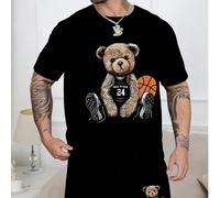 Set da notte da uomo, colore unito estivo, set da 2 pezzi con pantaloncini con stampa di pallacanestro e orsetto, abbigliamento da casa e da strada L,M,XL,XXLFumetto,Grafico,LettereTessuto in maglia