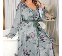 Set da notte e vestaglia in finta seta con stampa floreale, senza maniche, per taglie forti, abbigliamento autunno inverno 1XL,2XL,3XL,4XL,5XLRaso