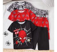 Set da notte per bambini composto da 2 pezzi, maglietta a maniche corte e pantaloncini con stampa di supereroi dei cartoni animati, aderente, collo a giro 6Y,7Y,4Y,5YTessuto in maglia