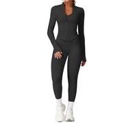Set da palestra per donna 2 pezzi giacche corte a maniche lunghe con zip e leggings nascosti effetto scrunch set per allenamento outfit yoga set abbigliamento sportivo, Nero , M