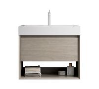 Set da parete per il bagno, rettangolare, in resina, pannello frontale in legno massiccio, struttura multistrato effetto rovere, con venature in legno morbido, cassetto portaoggetti (rovere chiaro, 70