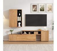 Set da parete per TV con vetrina (set completo, 2 pezzi), supporto per TV e scaffale, set di mobili per soggiorno, TV fino a 265 cm, supporto e appendere, TV fino a 120", colore legno e nero