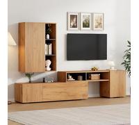 Set da parete per TV con vetrina (set completo, 2 pezzi), supporto per TV e scaffale, set di mobili per soggiorno, TV fino a 265 cm, supporto e appendere, TV fino a 120", colore legno e nero