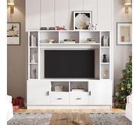 Set da parete per TV con vetrina, supporto per TV e scaffale, set di mobili per soggiorno con 2 armadi, 2 cassetti, 11 vani portaoggetti, parete per soggiorno, TV fino a 60", bianco 180 x 35 x 170 cm