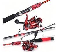 Set da pesca con canna da pesca e mulinello a 2 sezioni, rosso, con rapporto di ingranaggi da 5,1:1/5,5:1, 13+1 cuscinetti a sfera, manico in materiale resinoso con anelli di guida ultra-scorrevoli, d