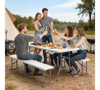 Set da Pic Nic Pieghevole a 3 Pezzi con Tavolo e 2 Panche in HDPE e Metallo, Bianco e Grigio Chiaro
