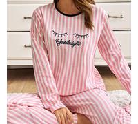 Set da pigiama a 2 pezzi in cotone, composto da una camicia a maniche lunghe con stampa a righe e occhio, e pantaloni lunghi a righe L,M,S,XLFumetto,Lettere,A strisceTessuto