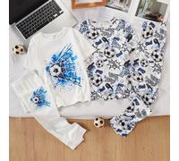 Set da pigiama aderente da 4 pezzi per bambini con stampa di calcio stile cartone animato, maniche corte & pantaloni lunghi, tessuto morbido e confortevole, perfetto per l'uso domestico, il miglior re