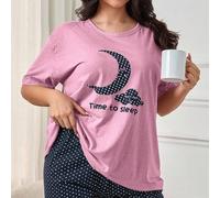 Set da pigiama con 2 pezzi, camicia a maniche corte con stampa della luna a contrasto di colore e pantaloncini da notte con stampa di stelle, taglie comode 0XL,1XL,2XLGeometrico,LettereTessuto in magl