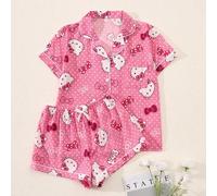 Set da pigiama da donna autorizzato Sanrio, composto da 2 pezzi: top con scollo a V e bottoni, maniche corte, monopetto, con stampa di Hello Kitty e pantaloni con fiocco, per l'estate, comodo per l'us