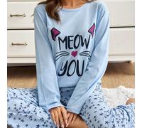 Set da pigiama da donna con 2 pezzi, composto da una camicia a maniche lunghe con stampa di slogan in cotone e pantaloni da notte con stampa di stelle 0XL,1XL,2XLFumetto,Geometrico,LettereTessuto