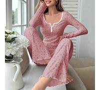 Set da pigiama di una canotta a maniche lunghe con pizzo a contrasto e pantaloni, motivo floreale ditsy, per signore L,M,S,XLPiante,stampa dappertuttoTessuto in maglia