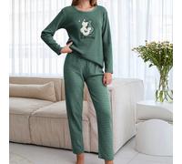 Set da pigiama in 100% cotone, composto da 2 pezzi: una camicia con dettagli ricamati a tema gatto e un pantalone a righe L,M,S,XLAnimale,Fumetto,Lettere,A strisceTessuto in maglia