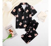 Set da pigiama in stile dolce e casual da ragazza, con fiocco e orsetto, composto da top a maniche corte con colletto e bottoni + pantaloni larghi e comodi. Set di abbigliamento da casa carino e confo