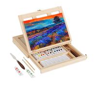 Relaxdays Set Pittura in Valigetta, Kit Cavalletto Tavolo, 19 Accessori con Tela, Tavolozza, Pennelli, Colori, Naturale, 1 pz