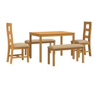 Set da Pranzo 5 Pezzi Beige in Legno di Quercia Massello con 2 Sedie e 2 | Tavolo, 2 sedie imbottite, 2 panchine, gambe quadrate, facile montaggio, manutenzione semplice, uso quotidiano