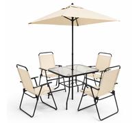 Set da Pranzo 6 Pezzi per Giardino Patio con Ombrellone 4 Sedie Pieghevoli Beige