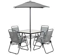 Set da Pranzo 6 Pezzi per Giardino Patio con Ombrellone 4 Sedie Pieghevoli Grigi
