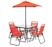 Shally Dogan Set 6 Pezzi da Pranzo per Giardino con Ombrellone, 4 Sedie Pieghevoli e 1 Tavolo con Ripiano in Vetro Temperato, Resistente Raggi UV, Arredamento per Esterno, Patio, Terrazzo (Rosso)